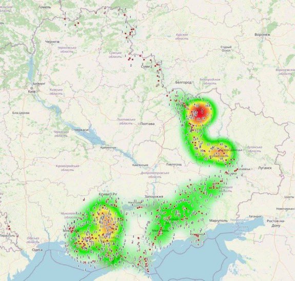 Χάρτης που λαμβάνεται από σήματα κινητών τηλεφώνων Ρώσων στρατιωτών στην Ουκρανία.